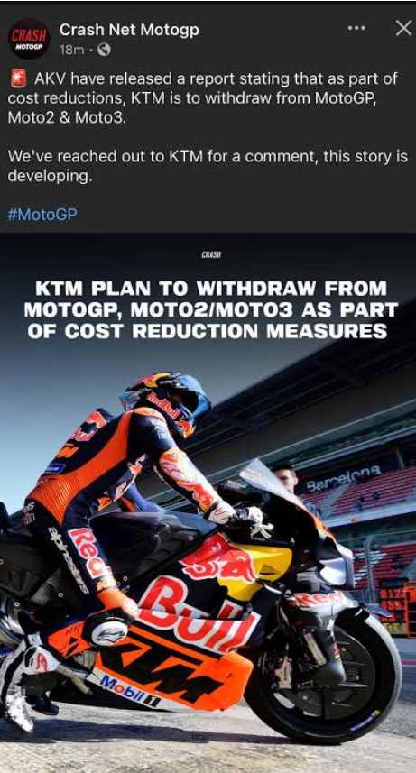 BREAKING NEWS :     KTM ANNOUNCES MASSIVE RESTRUCTURING EFFORTS AND WITHDRAWAL FROM MOTOGP AND …